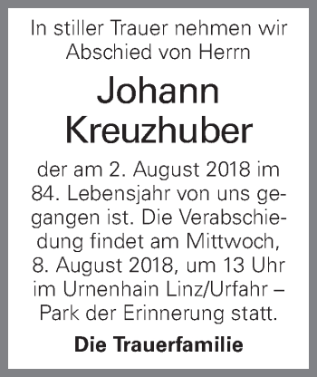 Traueranzeige von Johann Kreuzhuber von OÖNachrichten