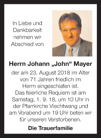 Traueranzeige von Johann Mayer von OÖNachrichten