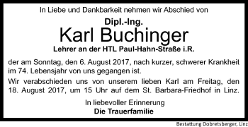Traueranzeige von Karl Buchinger von OÖNachrichten