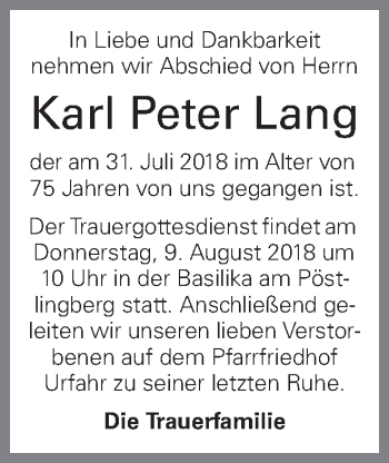Traueranzeige von Karl Peter Lang von OÖNachrichten