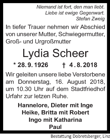 Traueranzeige von Lydia Scheer von OÖNachrichten