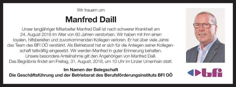 Traueranzeige für Manfred Daill vom 30.08.2018 aus OÖNachrichten