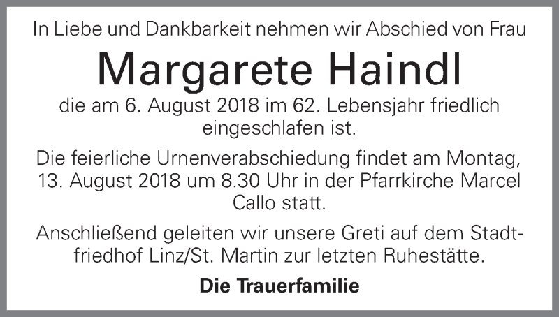  Traueranzeige für Margarete Haindl vom 10.08.2018 aus OÖNachrichten