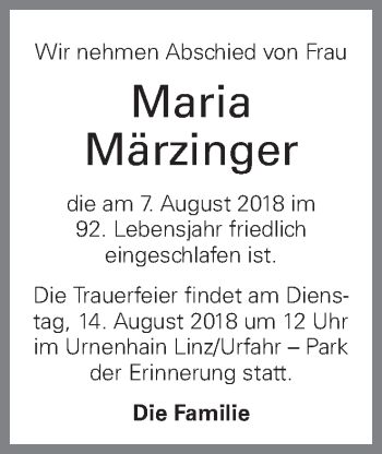 Traueranzeige von Maria Märzinger von OÖNachrichten