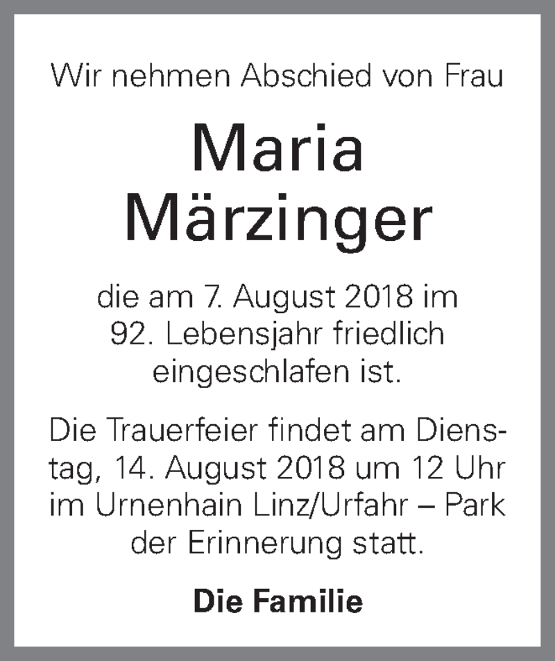  Traueranzeige für Maria Märzinger vom 10.08.2018 aus OÖNachrichten