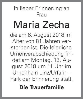 Traueranzeige von Maria Zecha von OÖNachrichten