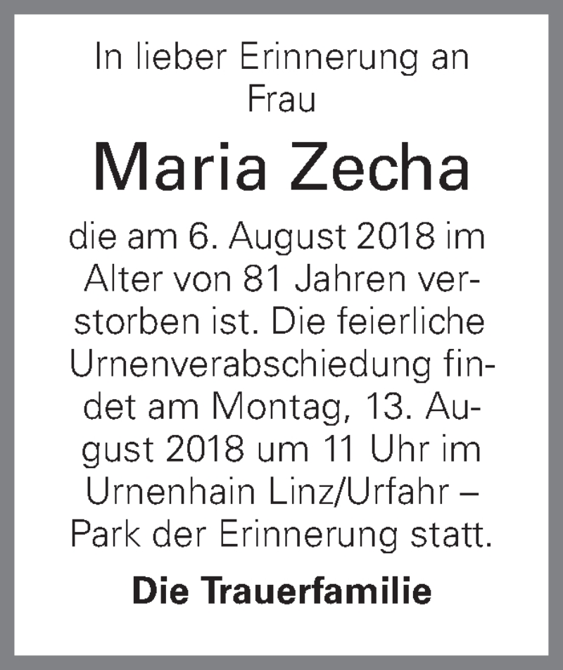  Traueranzeige für Maria Zecha vom 09.08.2018 aus OÖNachrichten