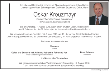 Traueranzeige von Oskar Kreuzmayr von OÖNachrichten