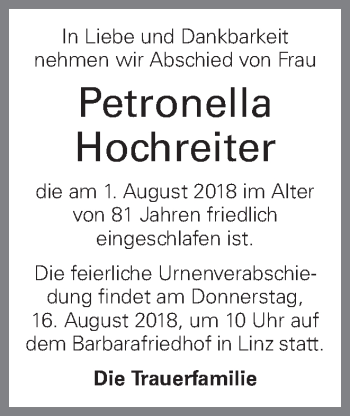 Traueranzeige von Petronella Hochreiter von OÖNachrichten