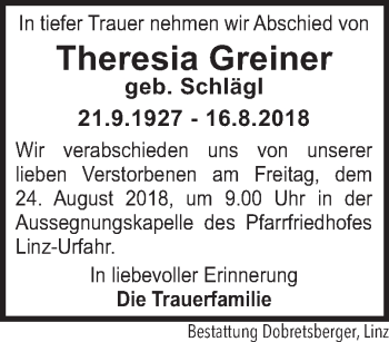 Traueranzeige von Theresia Greiner von OÖNachrichten
