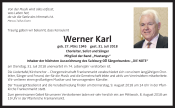 Traueranzeige von Werner Karl von OÖNachrichten