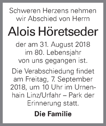 Traueranzeige von Alois Höretseder von OÖNachrichten