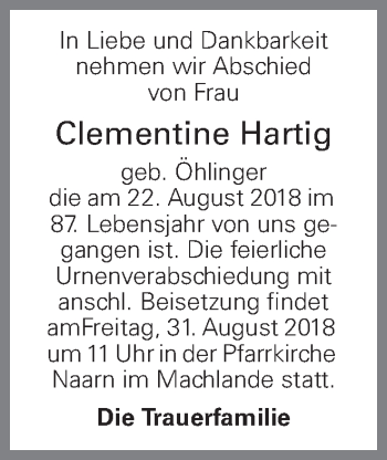 Traueranzeige von Clementine Hartig von OÖNachrichten