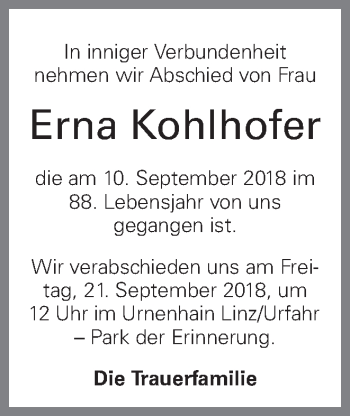 Traueranzeige von Erna Kohlhofer von OÖNachrichten