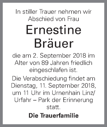 Traueranzeige von Ernestine Bräuer von OÖNachrichten