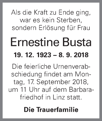 Traueranzeige von Ernestine Busta von OÖNachrichten