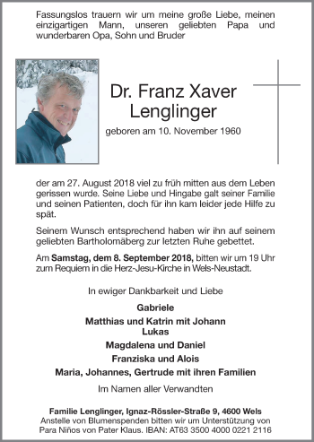 Traueranzeige von Franz Xaver Lenglinger von OÖNachrichten