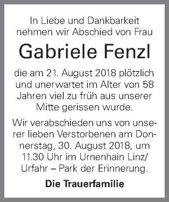 Traueranzeige von Gabriele Fenzl von OÖNachrichten