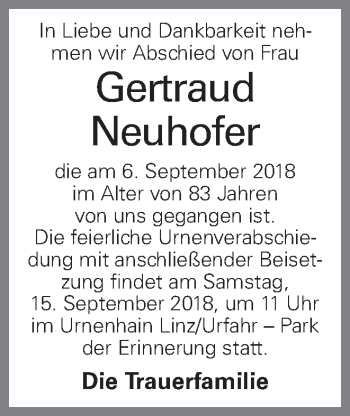 Traueranzeige von Gertraud Neuhofer von OÖNachrichten