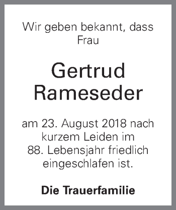 Traueranzeige von Gertrud Rameseder von OÖNachrichten