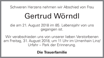 Traueranzeige von Gertrud Wörndl von OÖNachrichten
