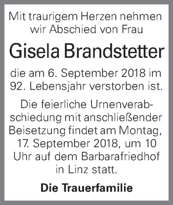 Traueranzeige von Gisela Brandstetter von OÖNachrichten