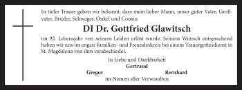Traueranzeige von Gottfried Glawitsch von OÖNachrichten