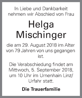 Traueranzeige von Helga Mischinger von OÖNachrichten