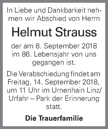 Traueranzeige von Helmut Strauss von OÖNachrichten