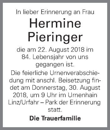 Traueranzeige von Hermine Pieringer von OÖNachrichten