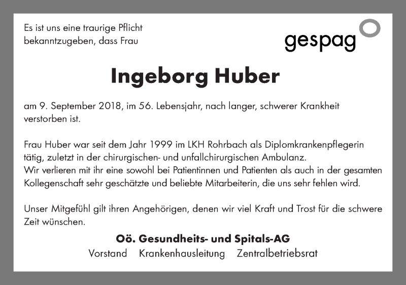  Traueranzeige für Ingeborg Huber vom 14.09.2018 aus OÖNachrichten