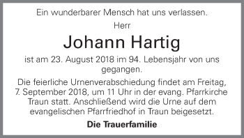 Traueranzeige von Johann Hartig von OÖNachrichten