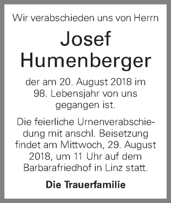 Traueranzeige von Josef Humenberger von OÖNachrichten