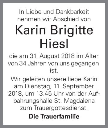 Traueranzeige von Karin Brigitte Hiesl von OÖNachrichten