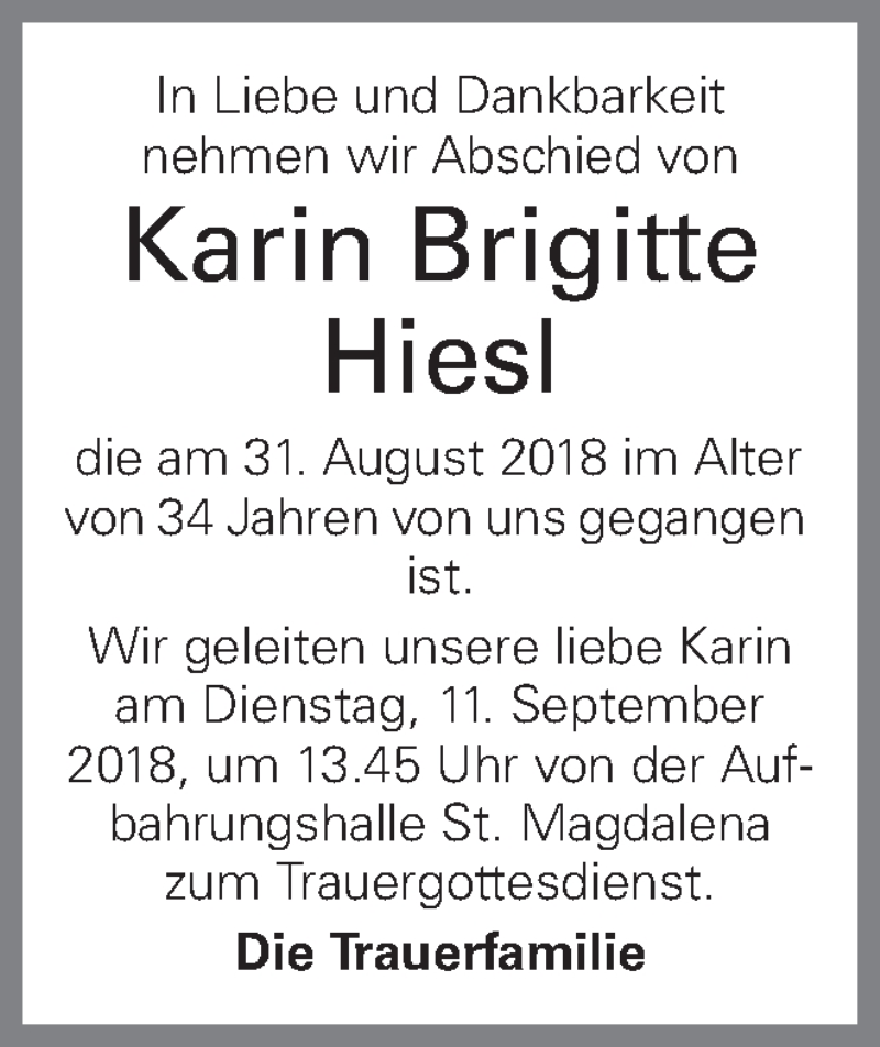  Traueranzeige für Karin Brigitte Hiesl vom 07.09.2018 aus OÖNachrichten