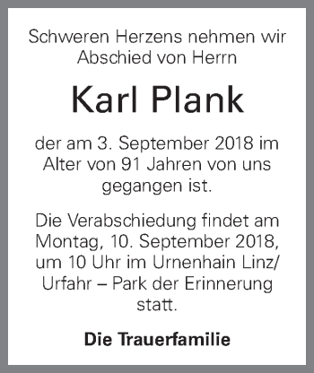 Traueranzeige von Karl Plank von OÖNachrichten