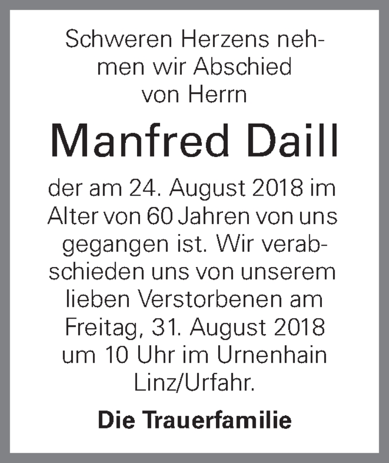  Traueranzeige für Manfred Daill vom 29.08.2018 aus OÖNachrichten
