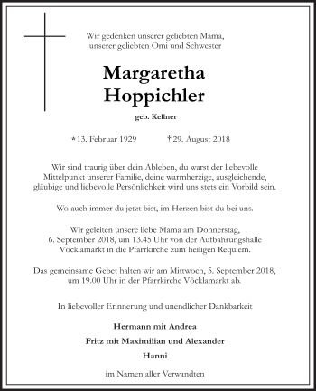 Traueranzeige von Margaretha Hoppichler von OÖNachrichten