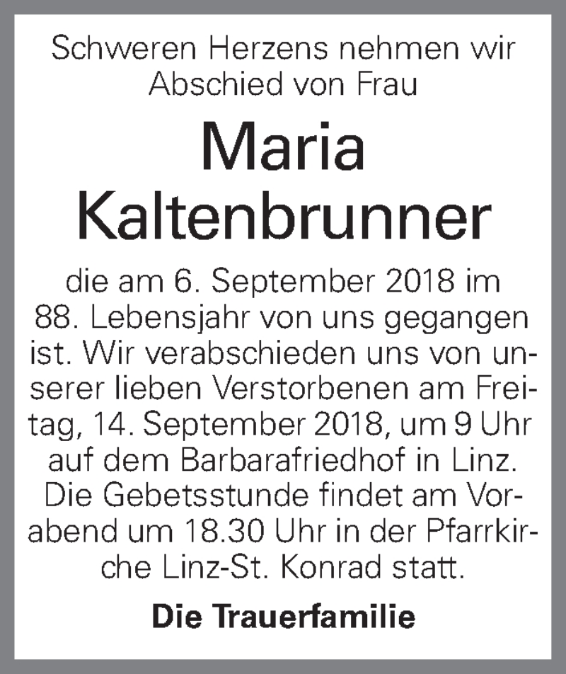 Traueranzeige für Maria Kaltenbrunner vom 11.09.2018 aus OÖNachrichten