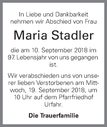 Traueranzeige von Maria Stadler von OÖNachrichten