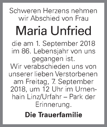 Traueranzeige von Maria Unfried von OÖNachrichten