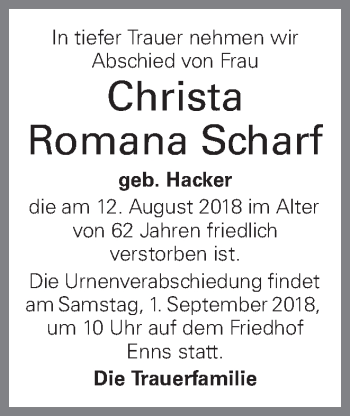Traueranzeige von Romana Scharf von OÖNachrichten