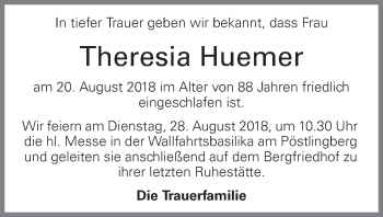Traueranzeige von Theresia Huemer von OÖNachrichten