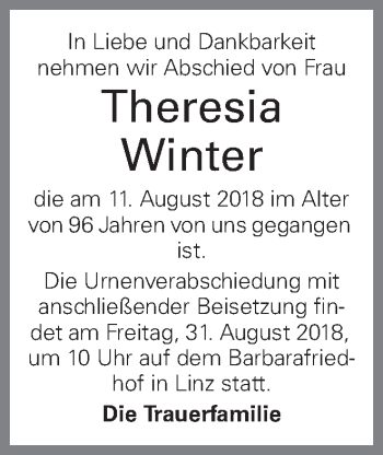 Traueranzeige von Theresia Winter von OÖNachrichten