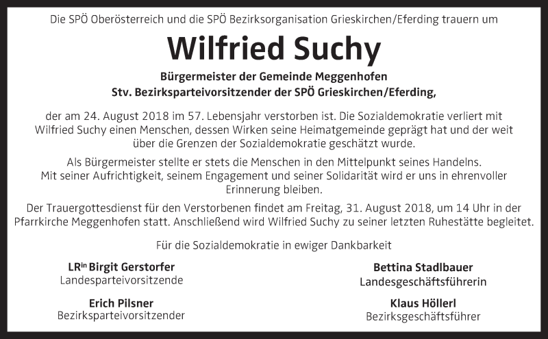  Traueranzeige für Wilfried Suchy vom 30.08.2018 aus OÖNachrichten