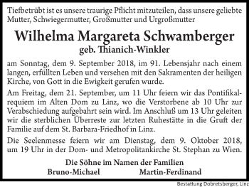 Traueranzeige von Wilhelma Margareta Schwamberger von OÖNachrichten