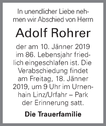 Traueranzeige von Adolf Rohrer von OÖNachrichten