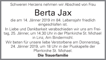 Traueranzeige von Berta Jax von OÖNachrichten