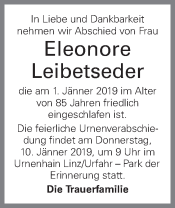 Traueranzeige von Eleonore Leibetseder von OÖNachrichten