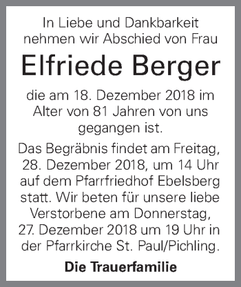 Traueranzeige von Elfriede Berger von OÖNachrichten